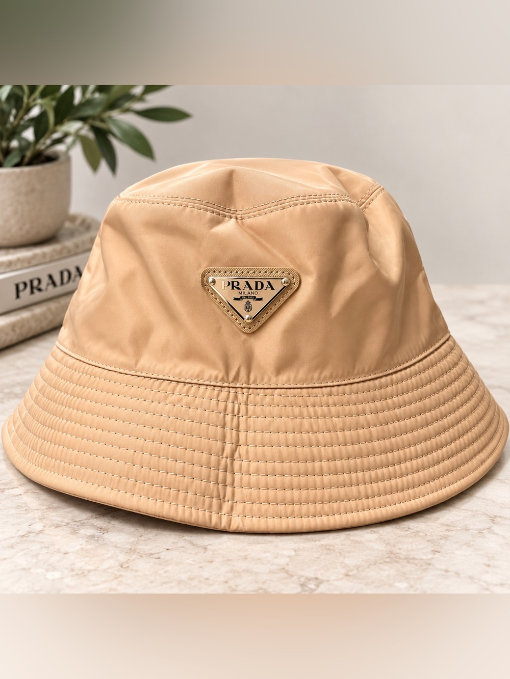 Prada Cream Tan Nylon Bucket Hat with Triangle Logo